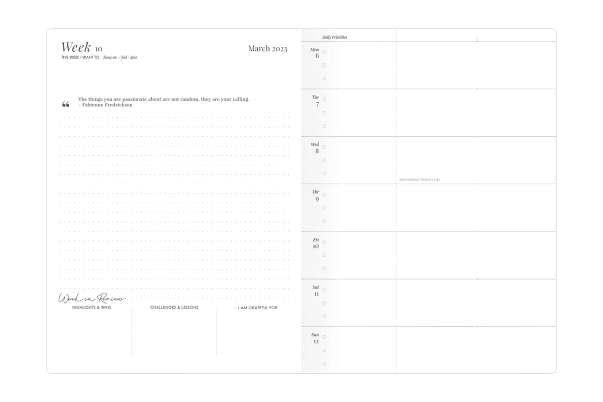 LH Planner Layout - weekly horizontal dated