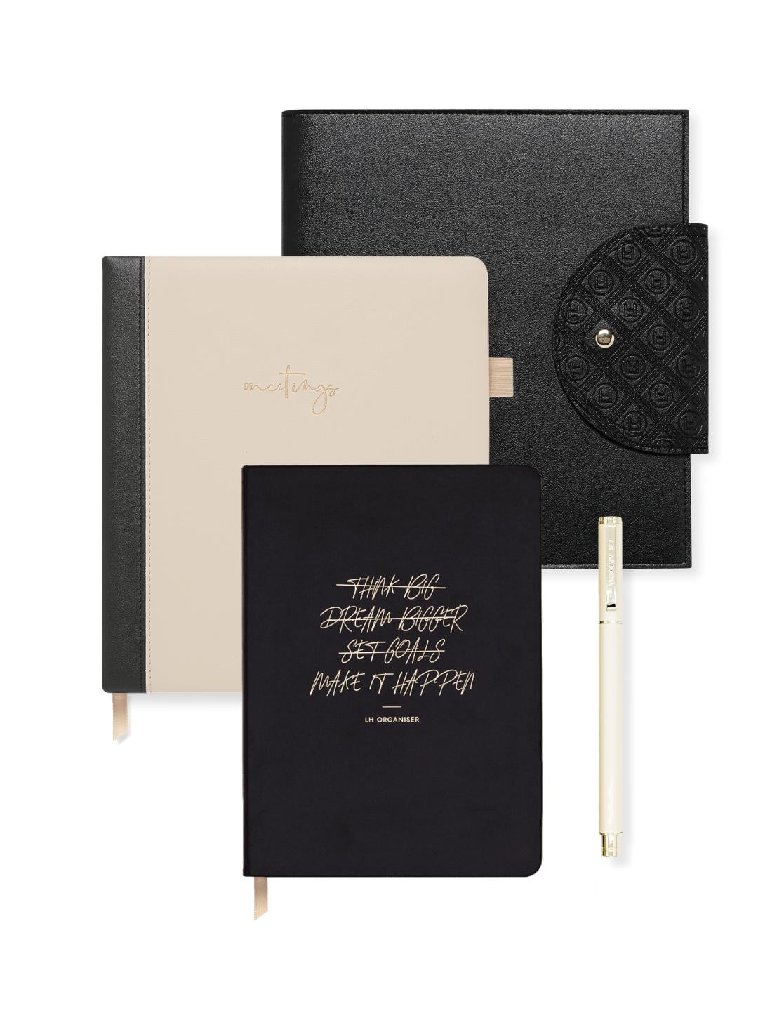 Executive Essentials Bundle - large Meeting Notebook, a matching large black compendium, an ivory rollerball pen, and the Day Organiser minimalist planner.